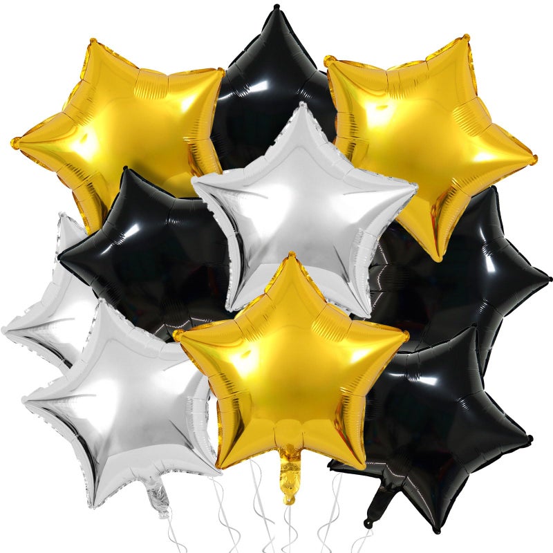 KALOR Black Gold and Silver Star Foil Balloons, 10 Pcs 18 Inch Stars Shape Foil Mylar Balloons for Birthdays, Weddings, Baby Showers Graduation Decorations - Image 1